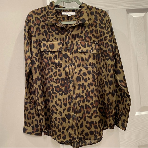 Karlie Olive Leopard Print Button Up Blouse - Picture 1 of 8